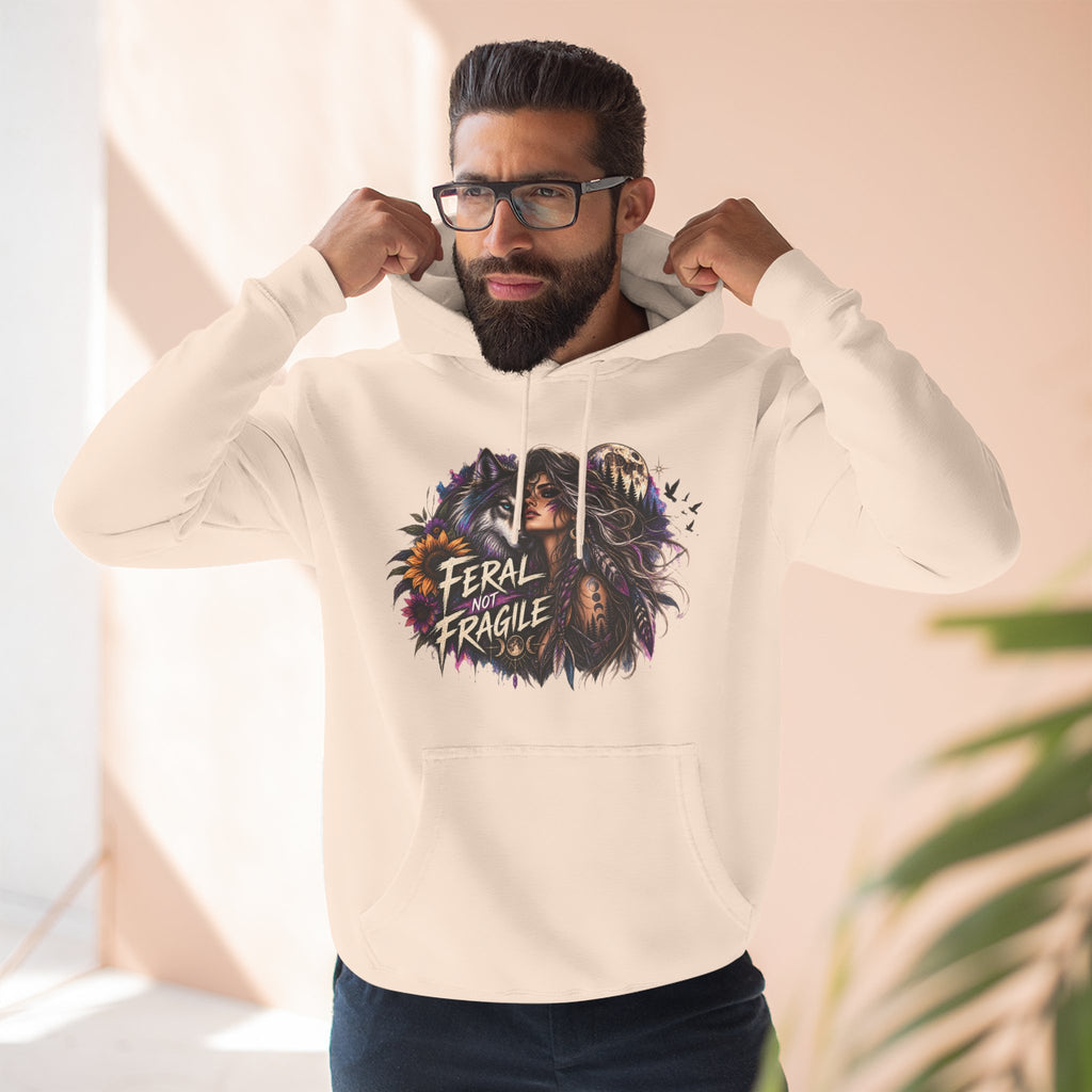 Feral Not Fragile Wolf & Woman Graphic Hoodie — Wildlife Fleece Pullover