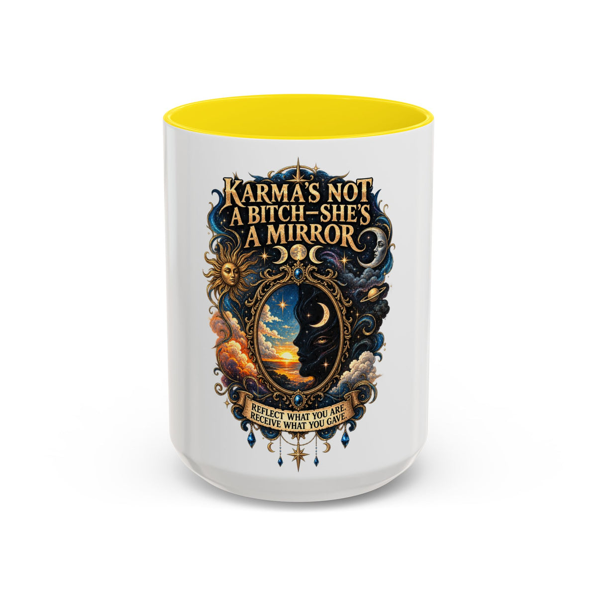 Coffee Mug — "Karma's Not a Bitch — She's a Mirror" Accent Ceramic Mug (11/15oz)