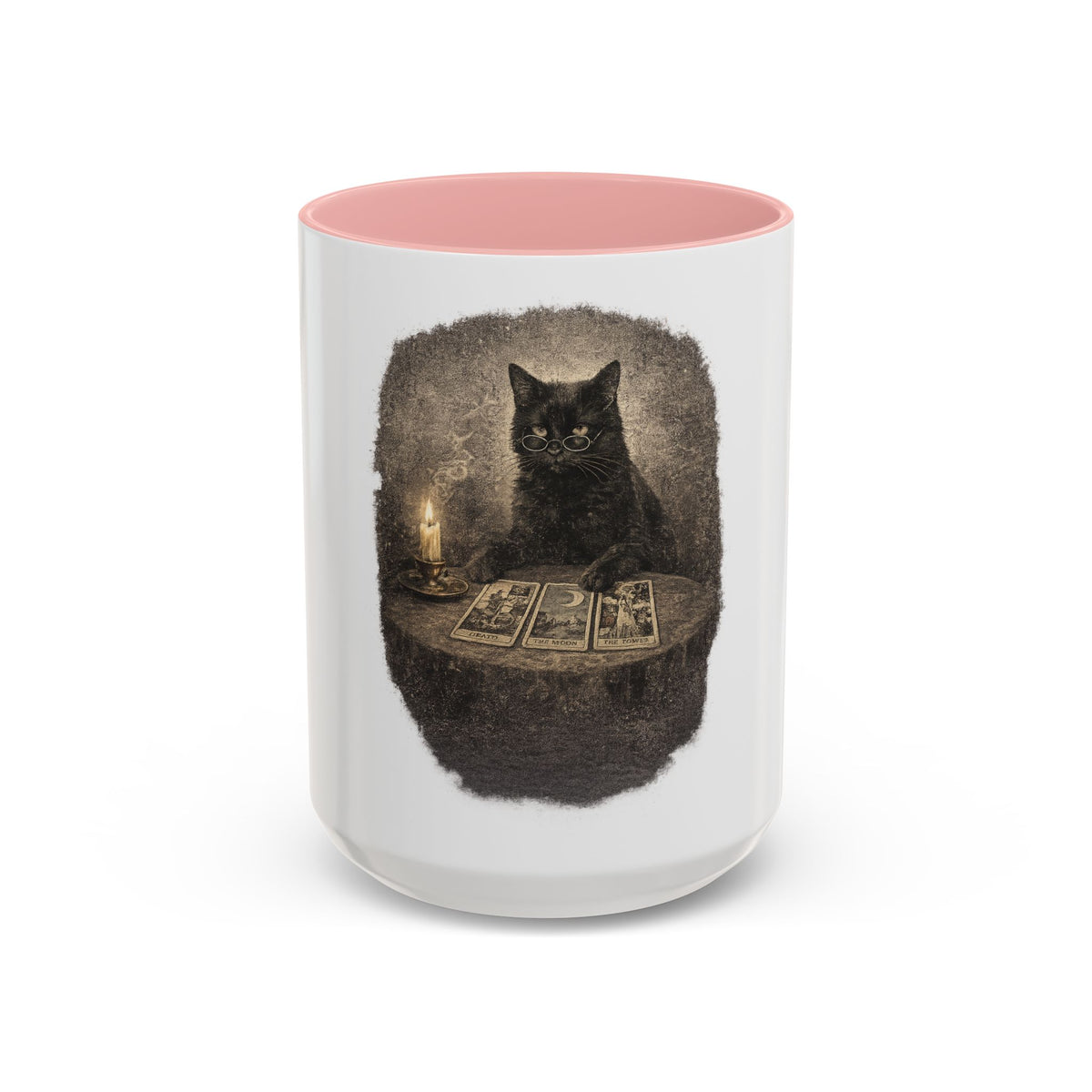 Tarot Cat Accent Coffee Mug — Witchy Black Cat with Tarot Cards