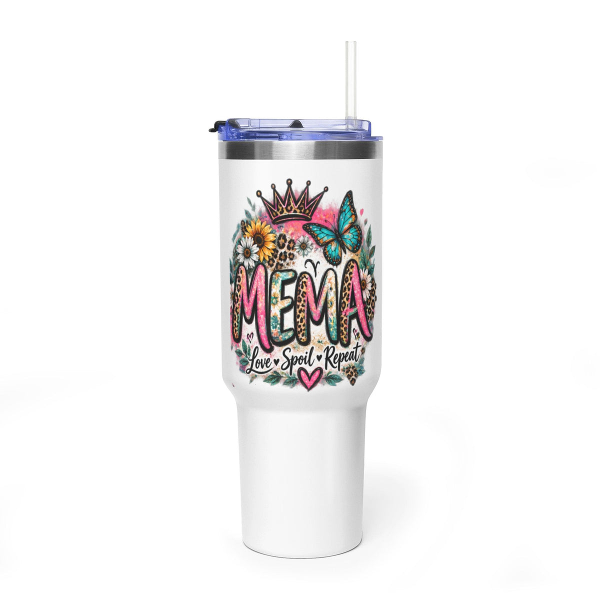 40oz Mama Tumbler – Floral Crown, Butterfly & 'Mama' Design Vacuum Thermal Mug
