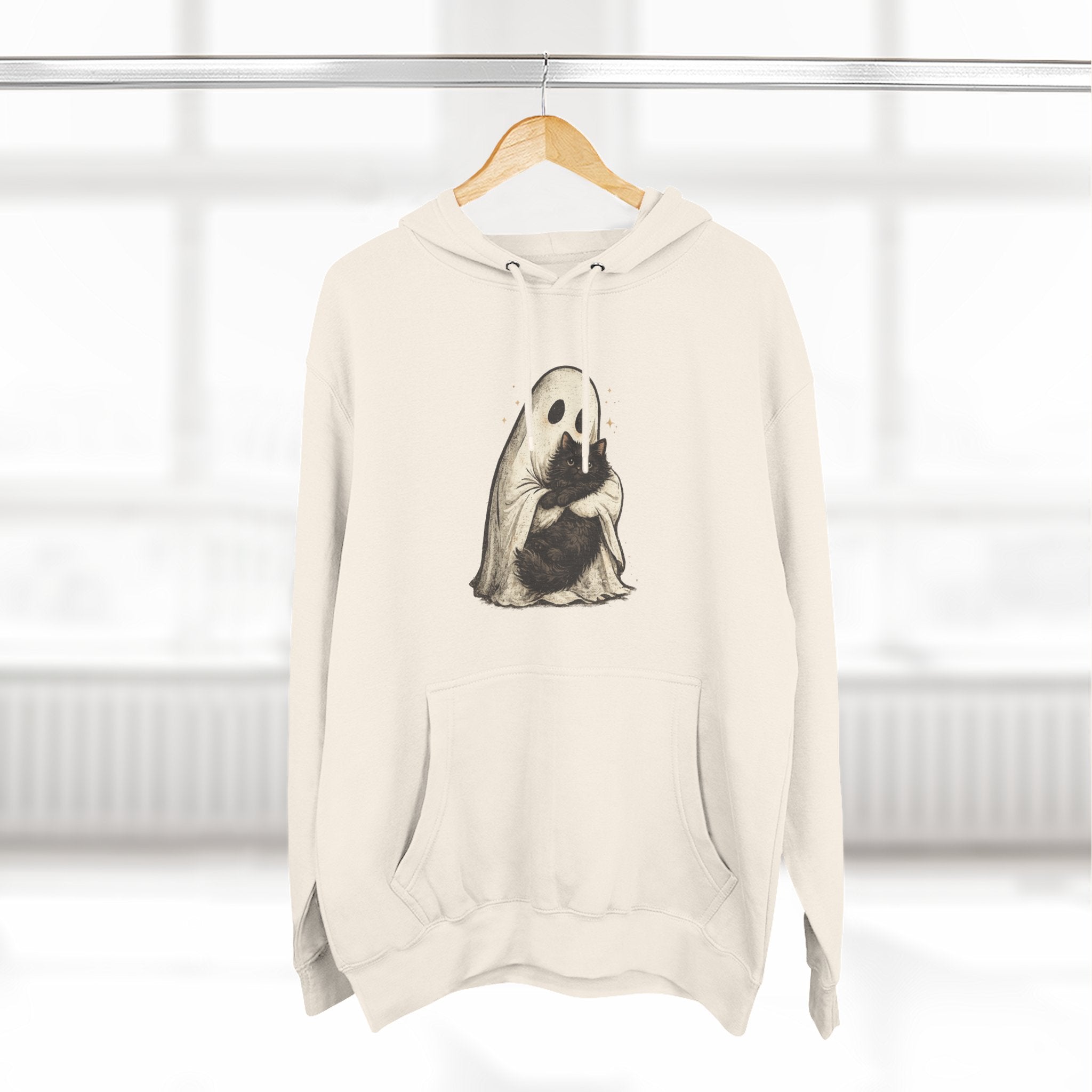 Ghost Hugging Black Cat Fleece Hoodie — Cute Ghost Hugging Black Cat Cozy Pullover