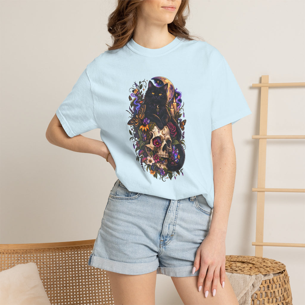 Skull & Black Cat Gothic T-Shirt — Dark Floral Day of the Dead Style