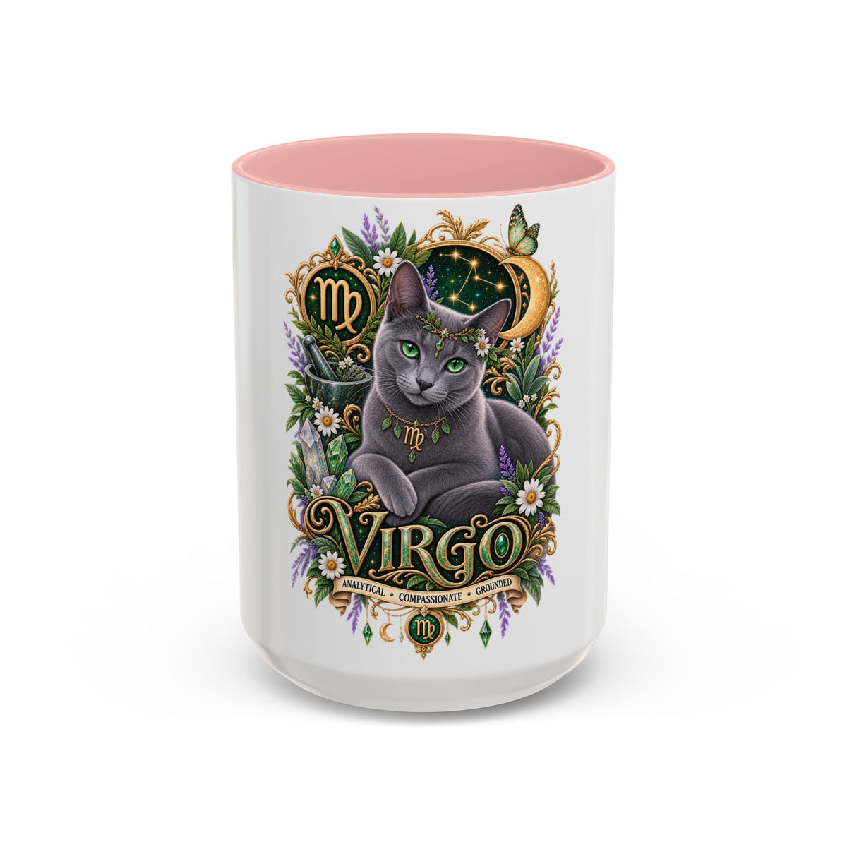 Virgo Russian Blue Cat Accent Coffee Mug — Zodiac Astrology Horoscope Gift (11/15 oz)