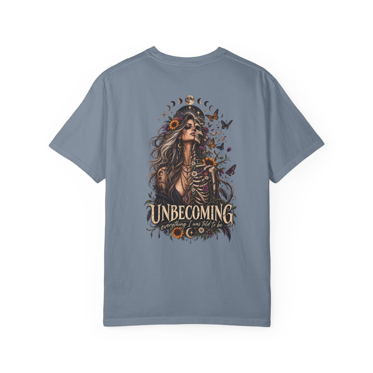 Unbecoming Gothic Moon T‑Shirt — Witchy Skeleton Art Tee