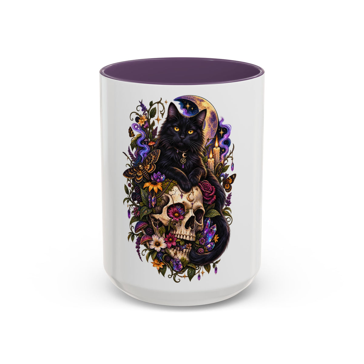 Black Cat & Skull Floral Accent Coffee Mug — Gothic Halloween Coffee Cup (11/15oz)