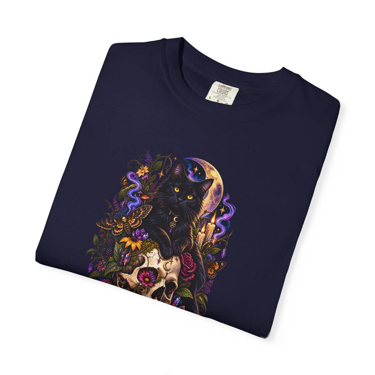 Skull & Black Cat Gothic T-Shirt — Dark Floral Day of the Dead Style
