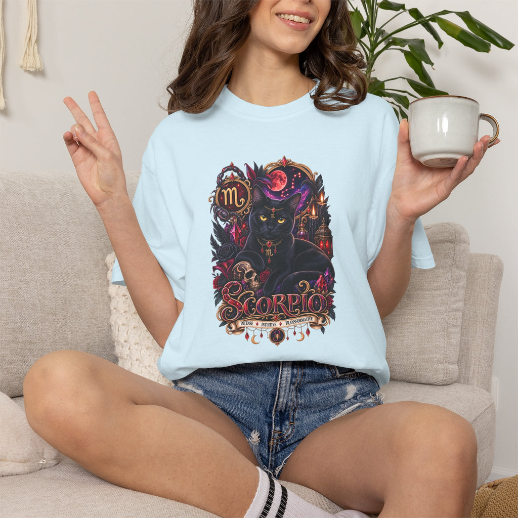 Scorpio Black Cat Zodiac T-Shirt — Dark Mystical Scorpio Graphic Tee