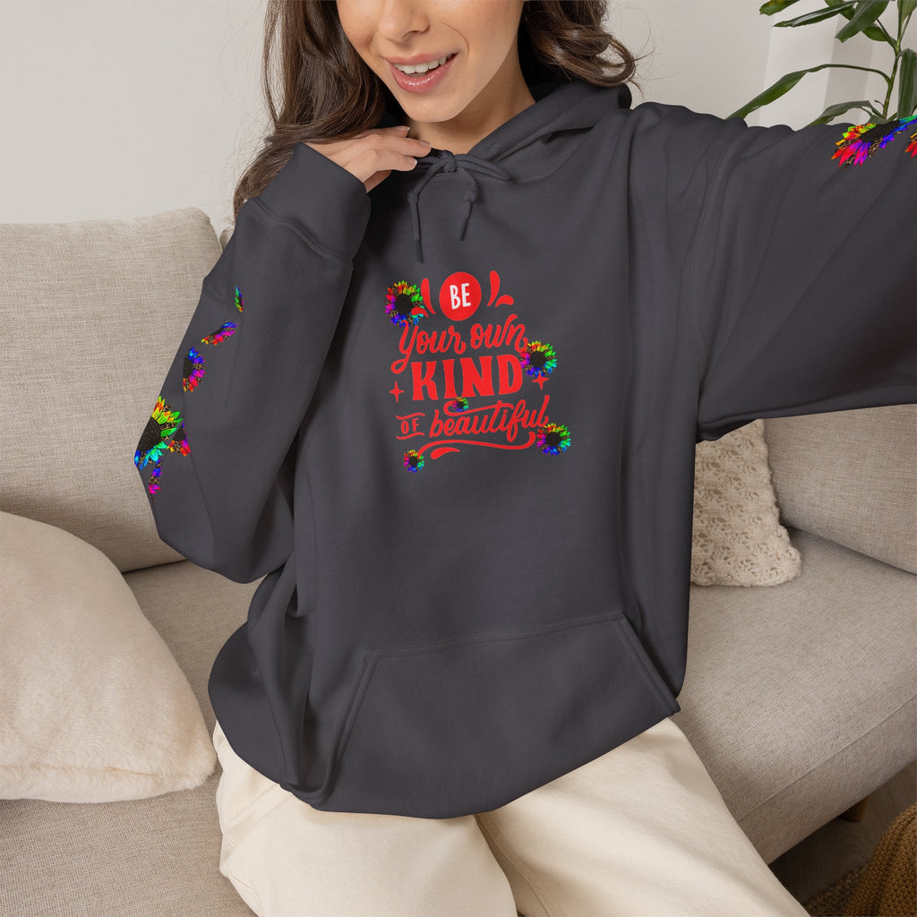Inspirational Floral Hoodie – "Your Smile is Kind & Beautiful" Rainbow Sunflower Cozy Pullover
