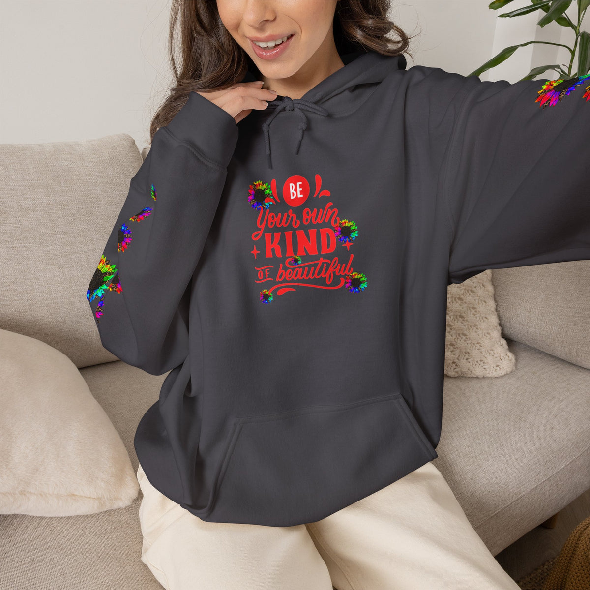 Inspirational Floral Hoodie – "Your Smile is Kind & Beautiful" Rainbow Sunflower Cozy Pullover