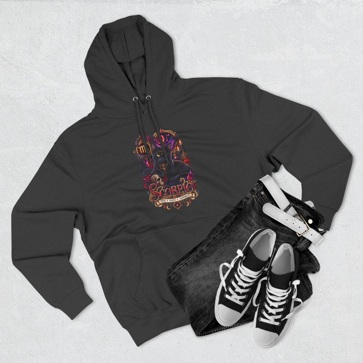 Scorpio Bombay Black Cat Floral Zodiac Hoodie — Intricate Scorpion Zodiac Sign
