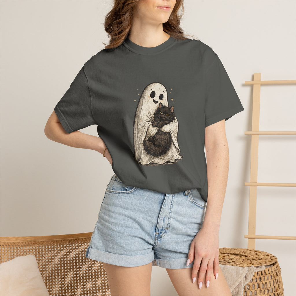 Boo & Meow Ghost Hugging Black Cat T-Shirt | Cute Spooky Tee