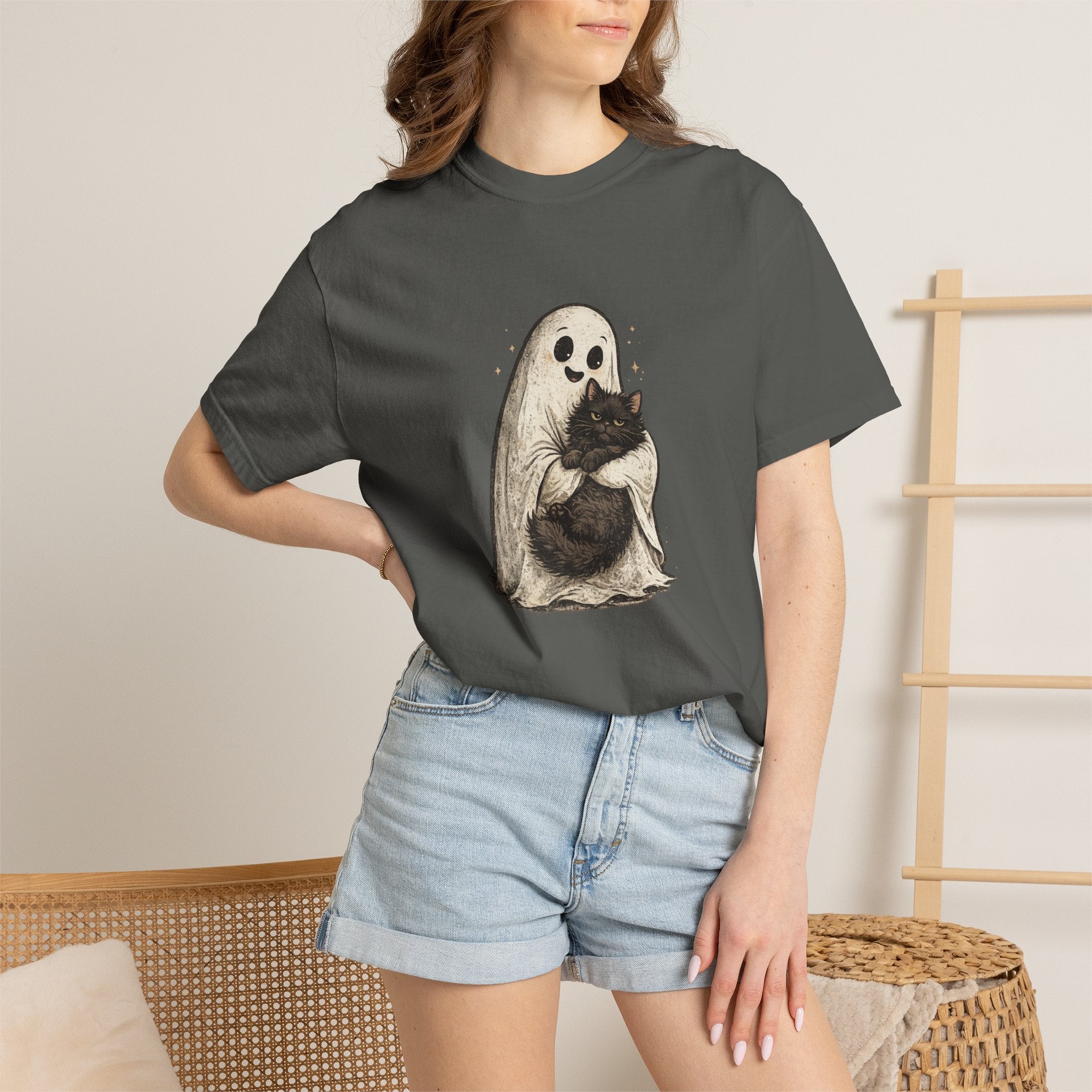 Boo & Meow Ghost Hugging Black Cat T-Shirt | Cute Spooky Tee