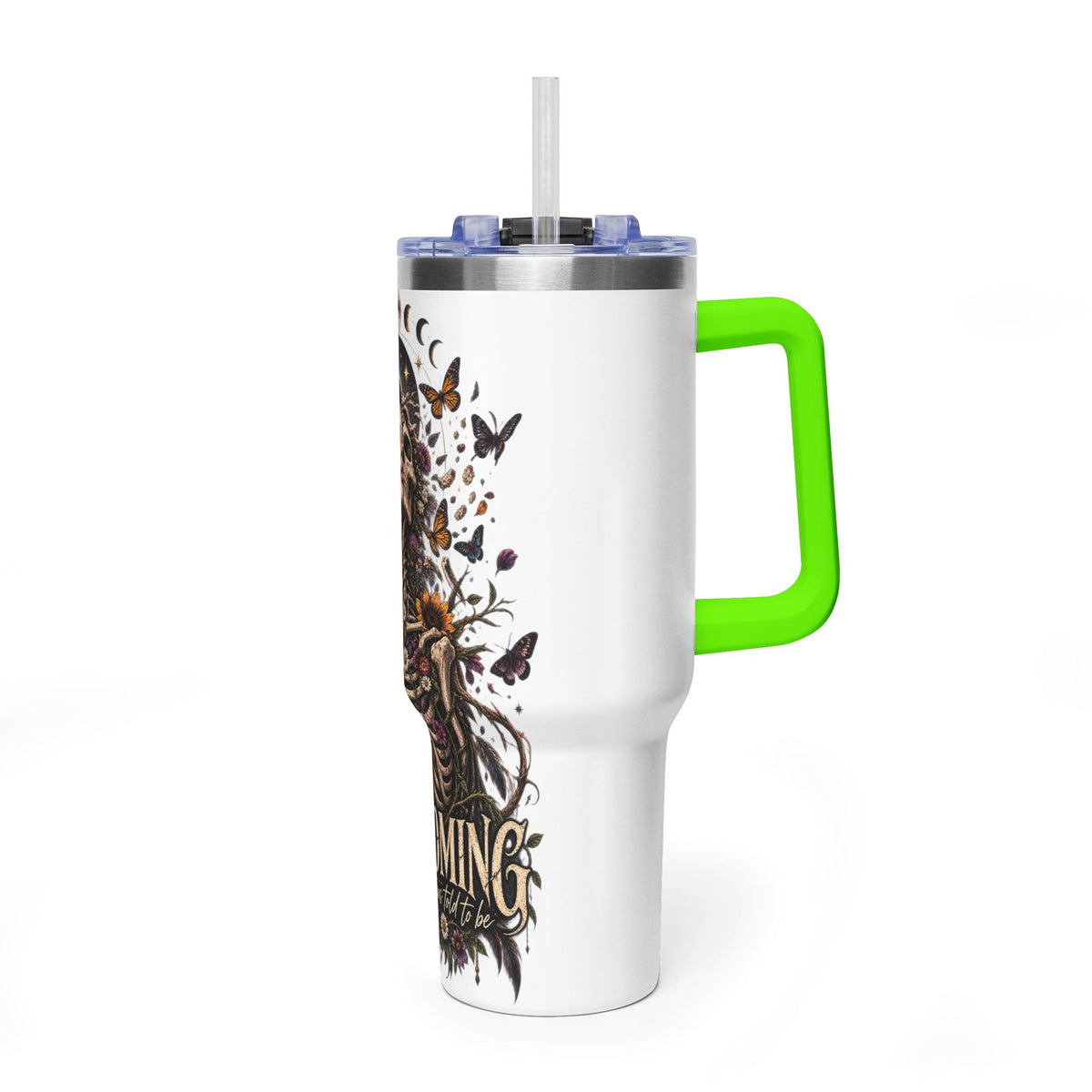 40oz Half human half skeleton Floral butterfly — "Unbecoming" Insulated Travel Cup