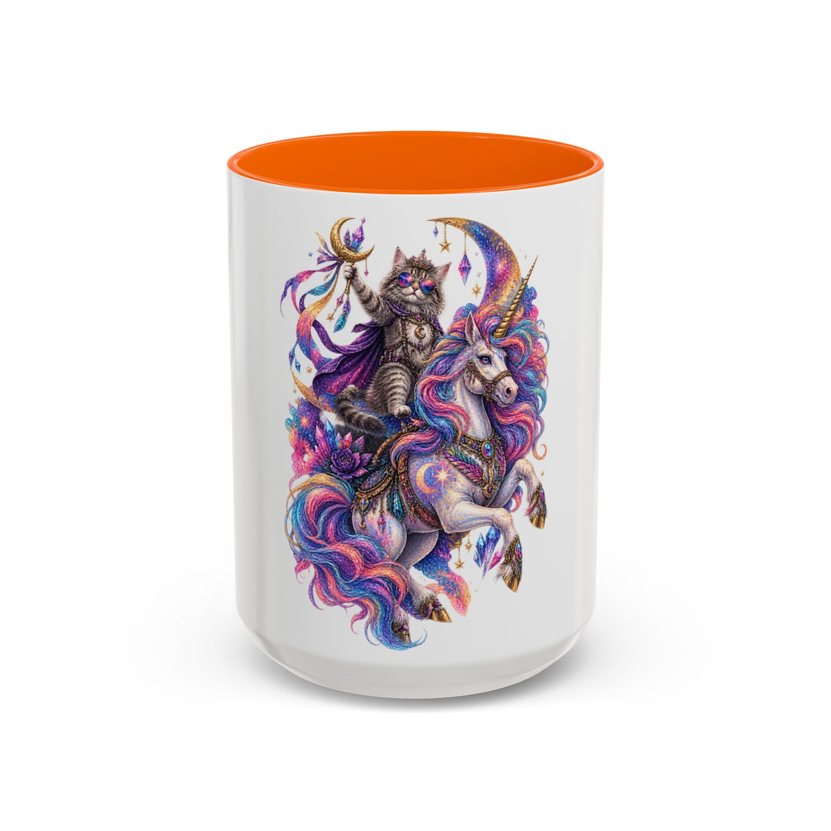 Magical Cat Knight on Unicorn Accent Coffee Mug — Colorful Fantasy 11/15oz