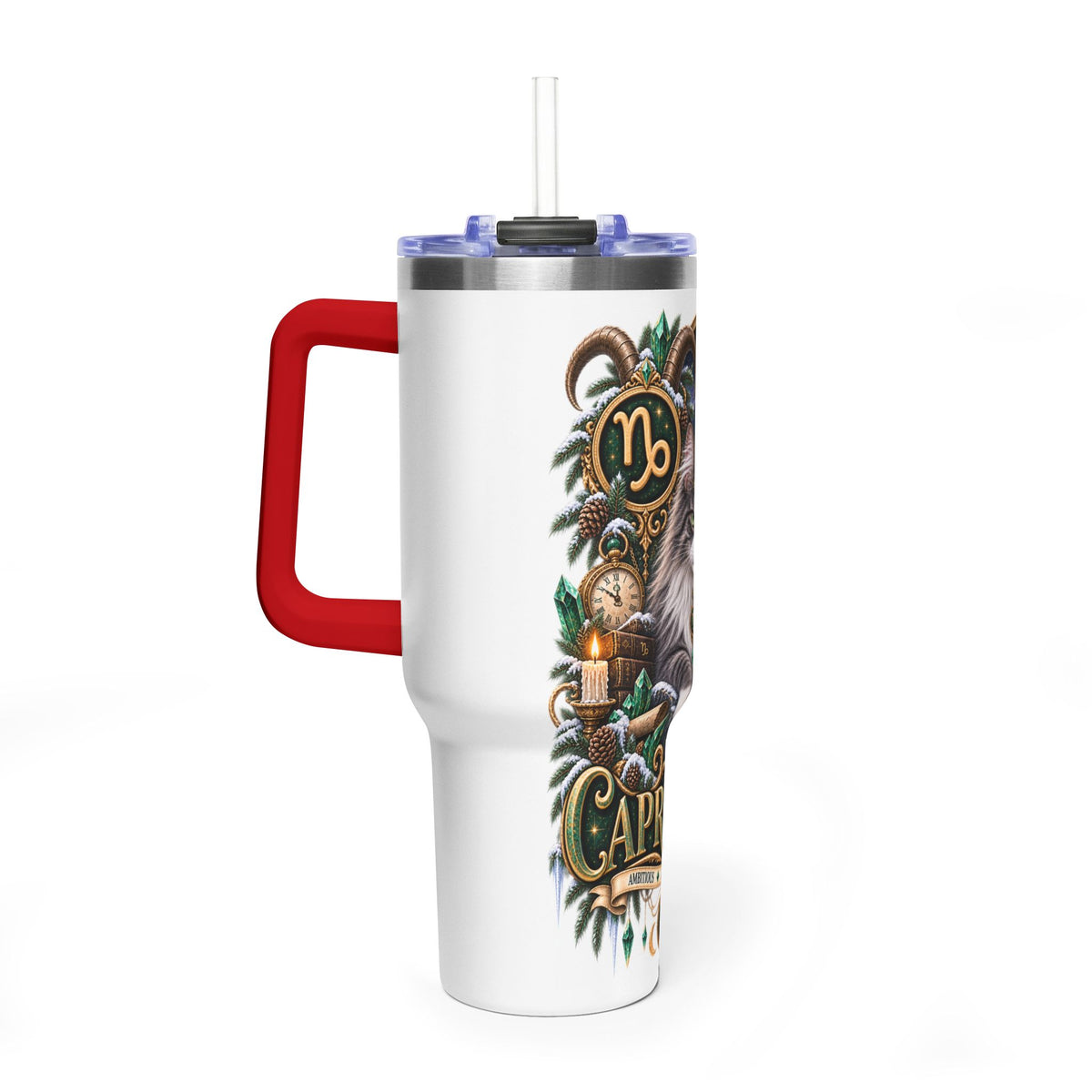 Capricorn Norwegian Forest Cat 40oz Vacuum Tumbler — Zodiac Travel Mug with Handle