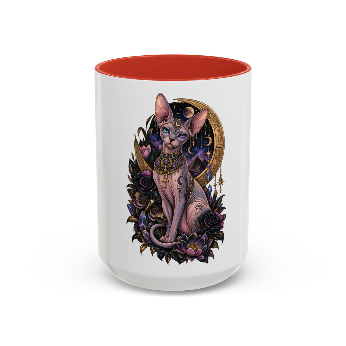 Mystic Sphynx Cat Coffee Mug — Magical Moon & Floral Accent (11/15 oz)
