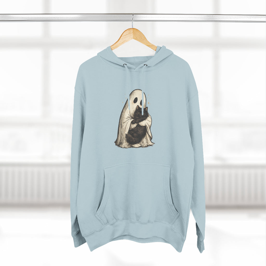 Ghost Hugging Black Cat Fleece Hoodie — Cute Ghost Hugging Black Cat Cozy Pullover