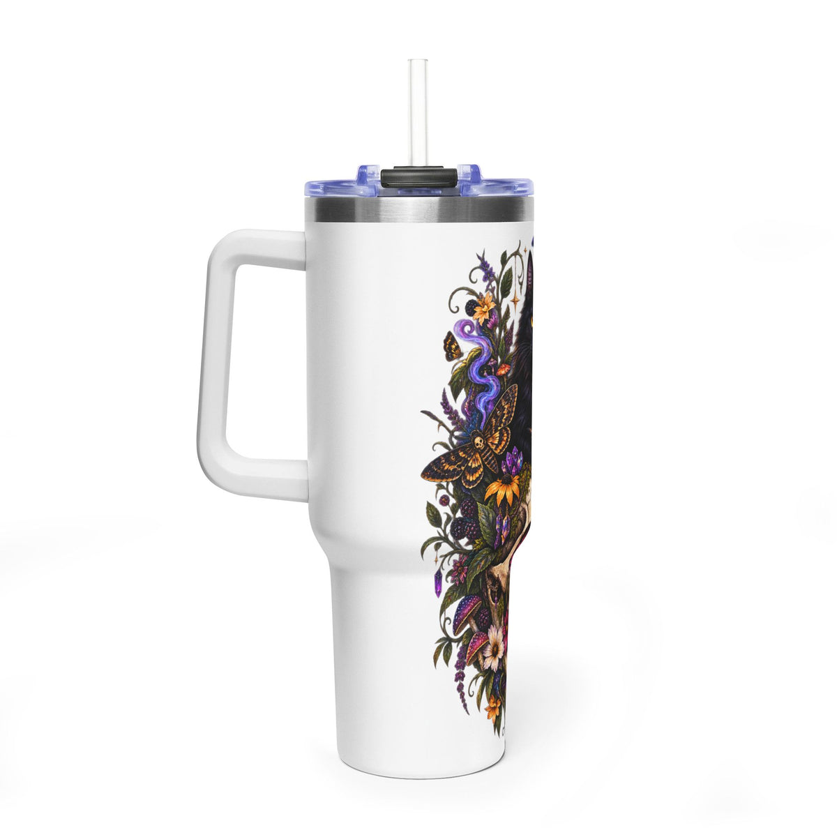 40oz Cat & Skull Thermal Tumbler – Gothic Floral Insulated Travel Mug
