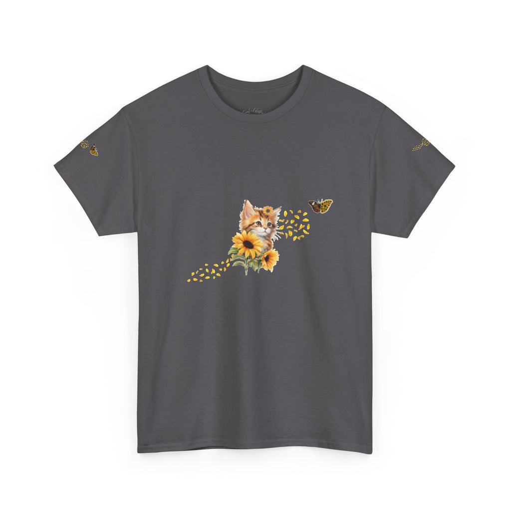 Sunflower Kitten Tee | Butterfly Accent, Floral Cat Shirt