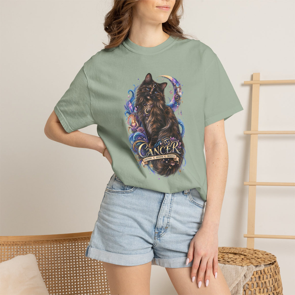 Cancer Zodiac T‑Shirt — Mystical Tortoiseshell   Cat Horoscope Design
