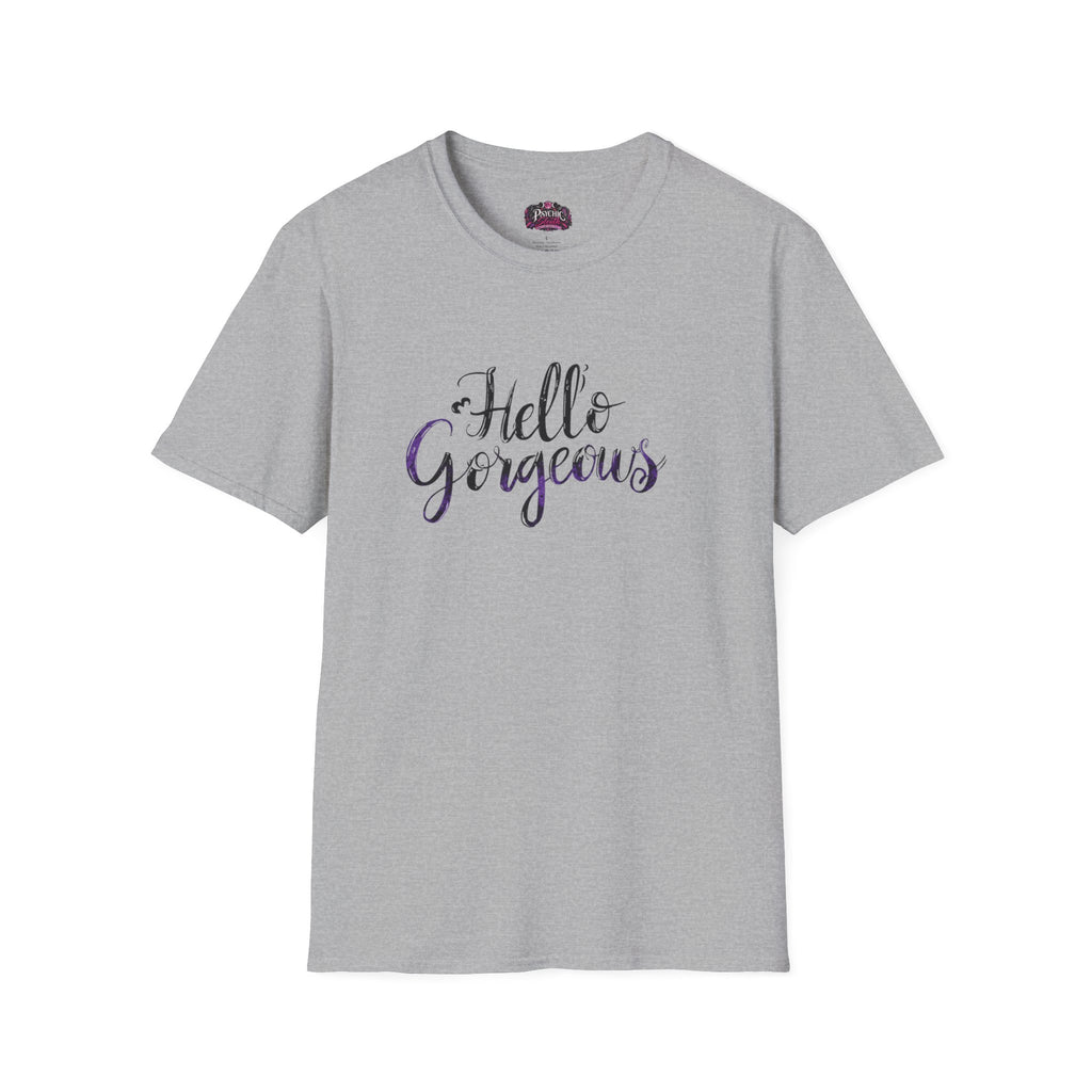 T-Shirt — "Hello Gorgeous" Purple Black Script Graphic Tee