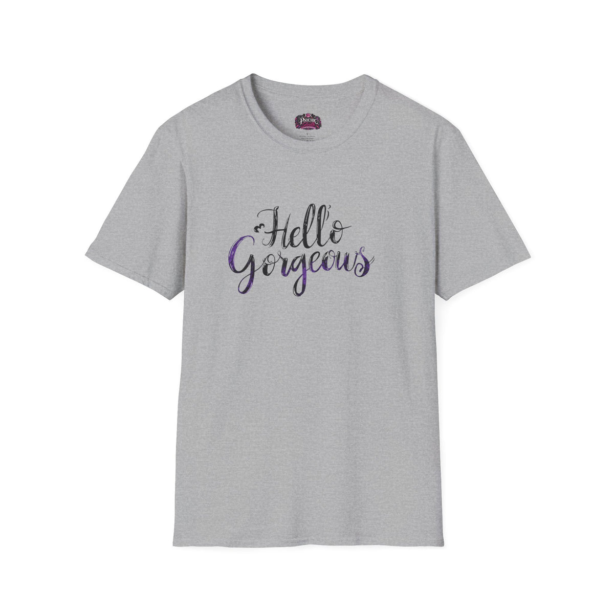 T-Shirt — "Hello Gorgeous" Purple Black Script Graphic Tee