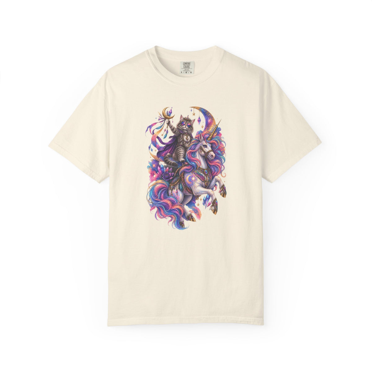 Cat Riding a Mystical Unicorn Horse Graphic T-Shirt — Colorful Cosmic Mane Art Tee