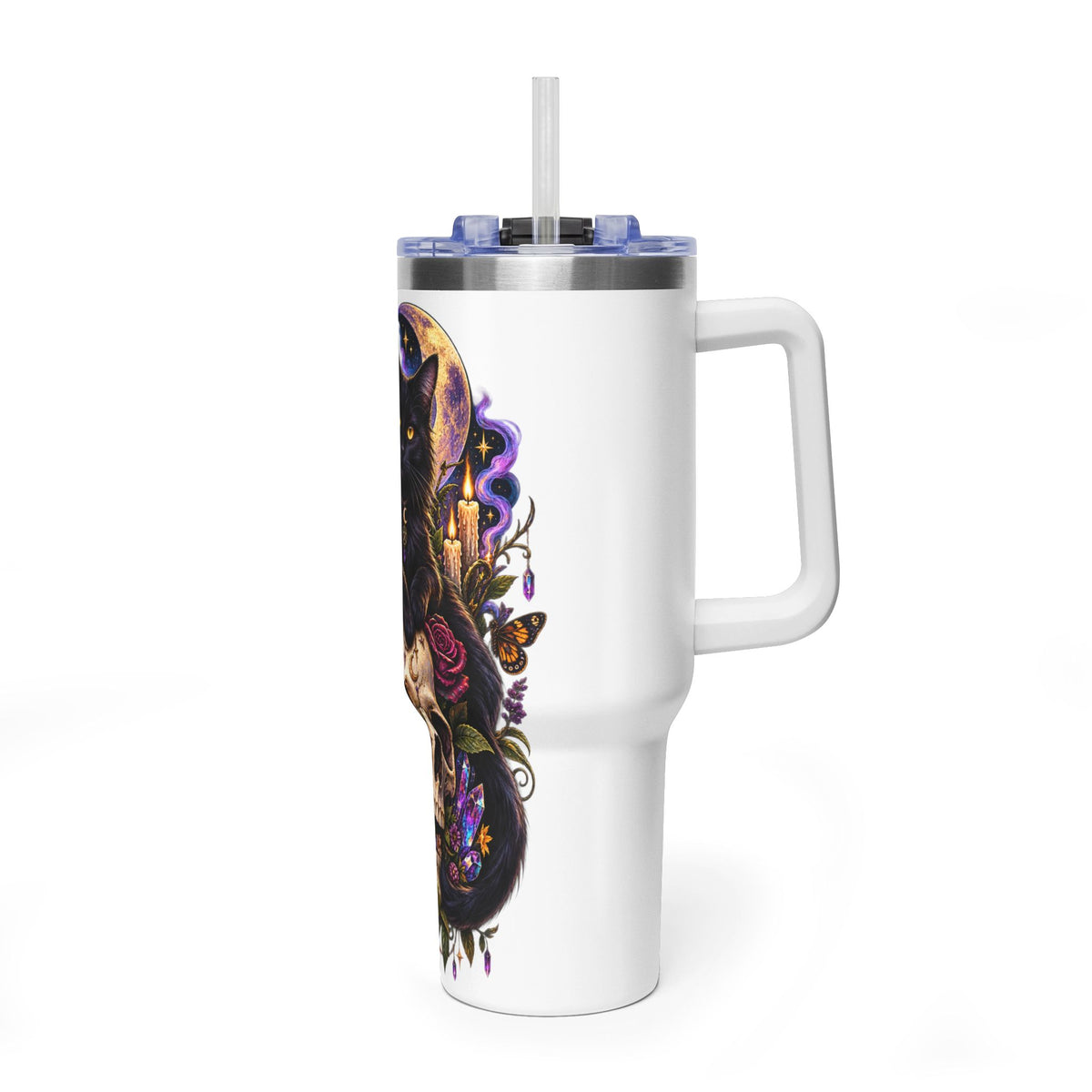 40oz Cat & Skull Thermal Tumbler – Gothic Floral Insulated Travel Mug