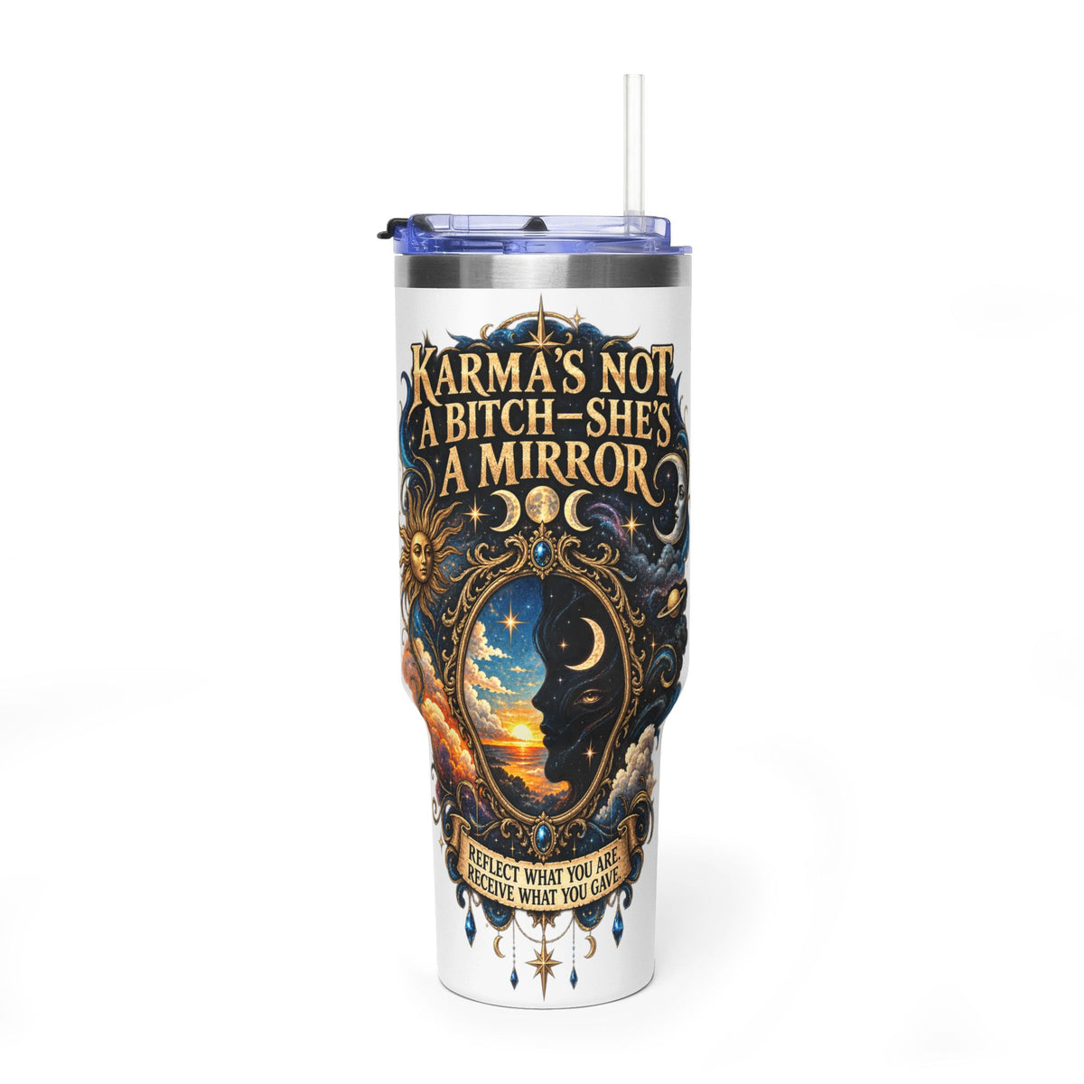 Karma Mirror 40oz Vacuum Tumbler – Celestial Sun & Moon Thermal Cup