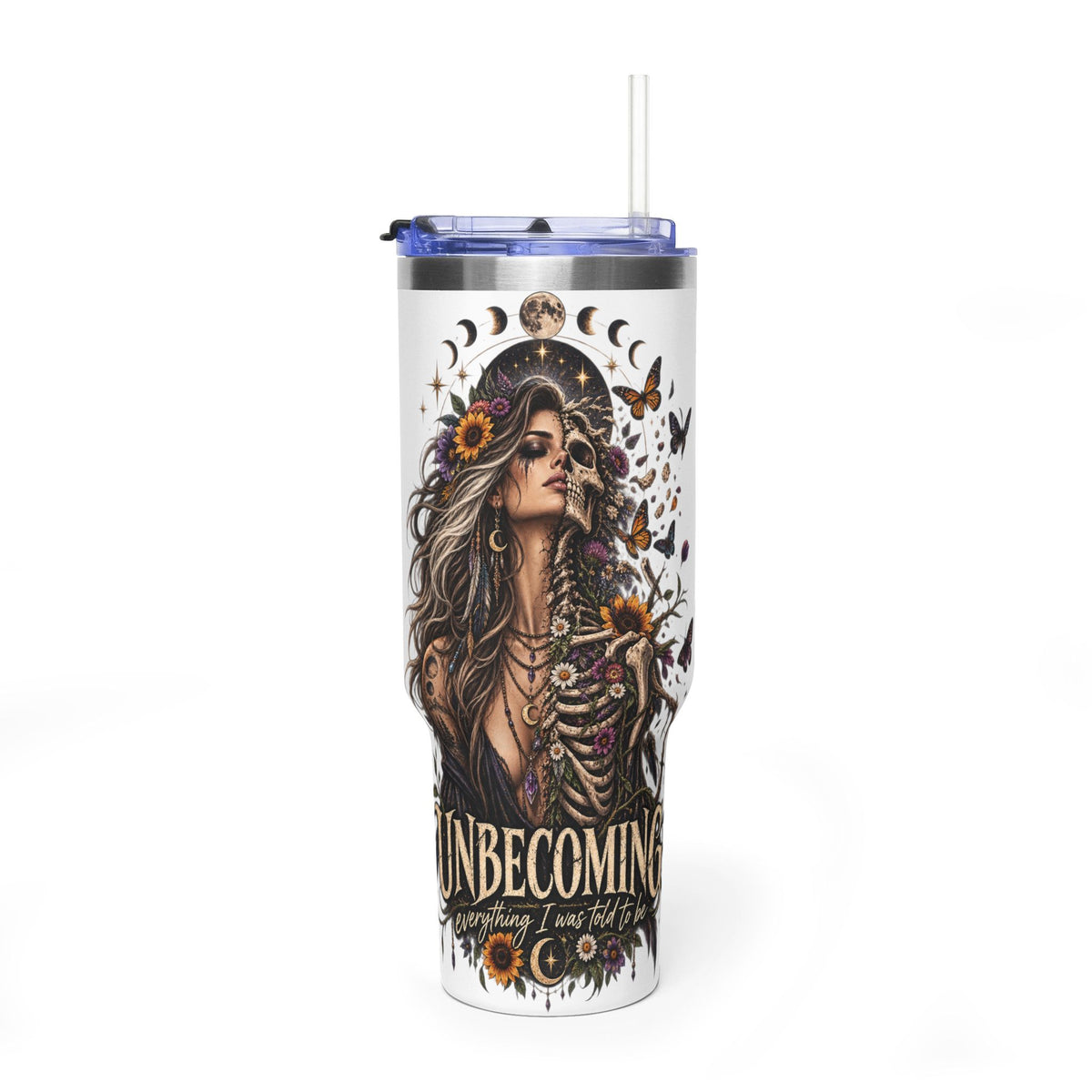 40oz Half human half skeleton Floral butterfly — "Unbecoming" Insulated Travel Cup