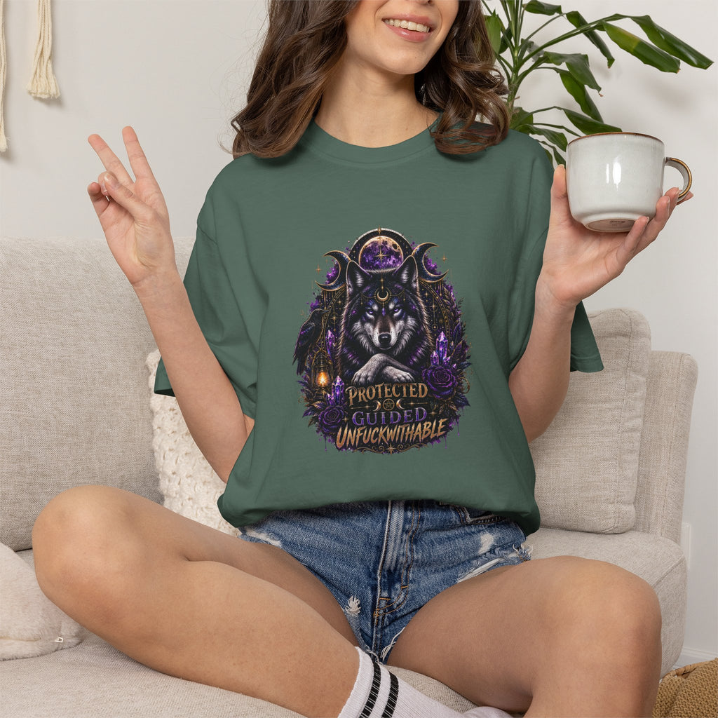 Protector Wolf T-Shirt — "Protected, Guided, Unfuckwithable" Spiritual Graphic Tee