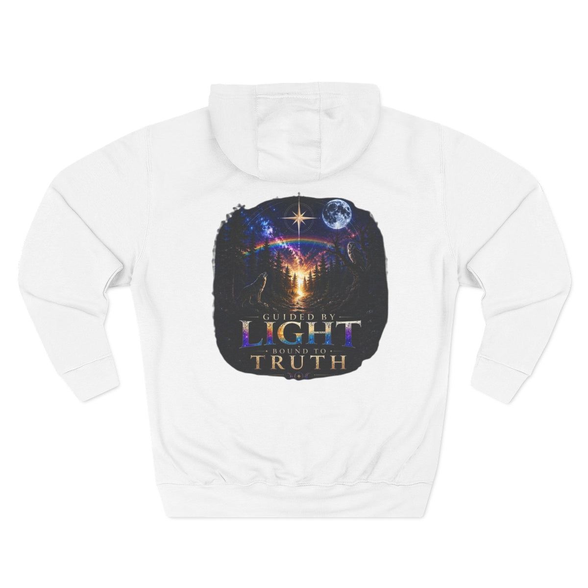 Guided by Light Bound toTruth Fleece Hoodie — Spiritual Galaxy Chest Emblem & Backscape Design