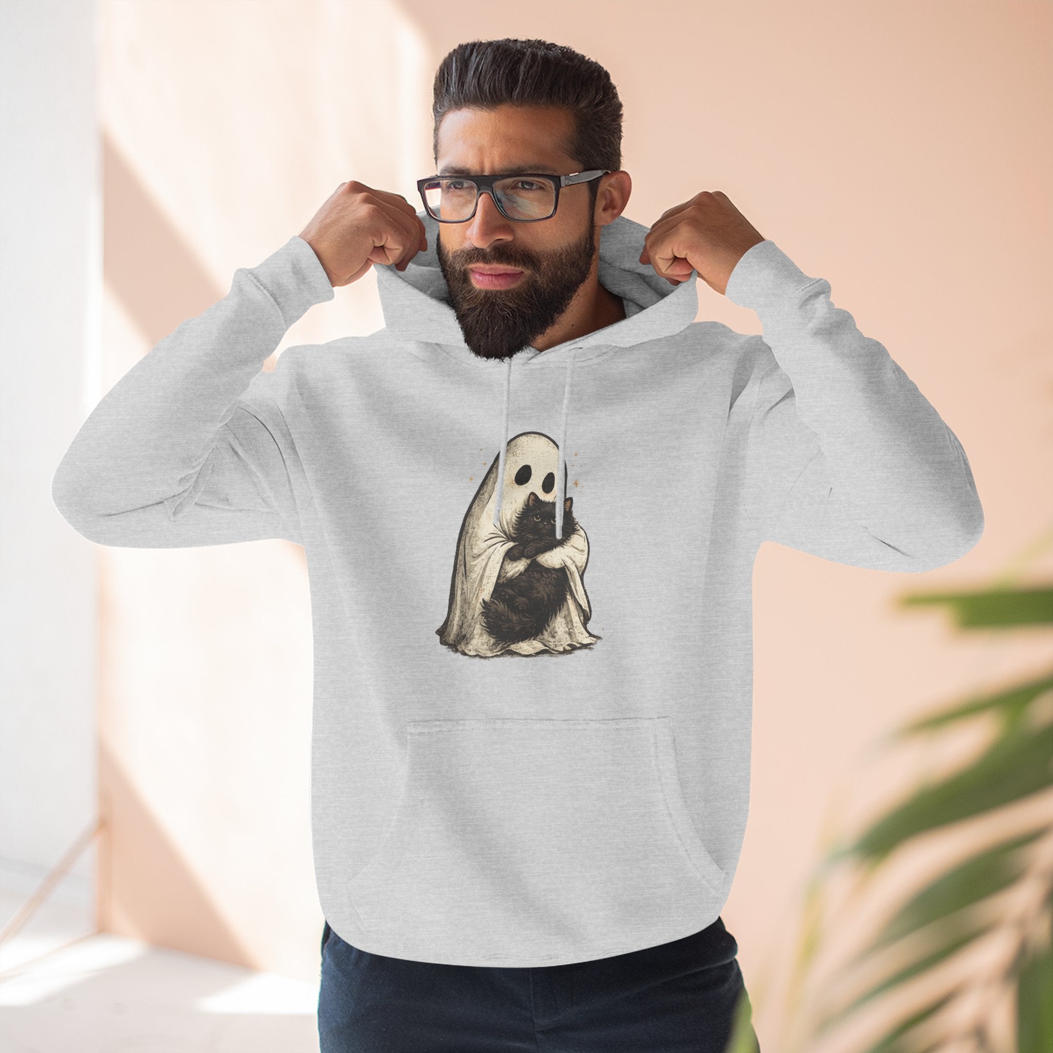 Ghost Hugging Black Cat Fleece Hoodie — Cute Ghost Hugging Black Cat Cozy Pullover