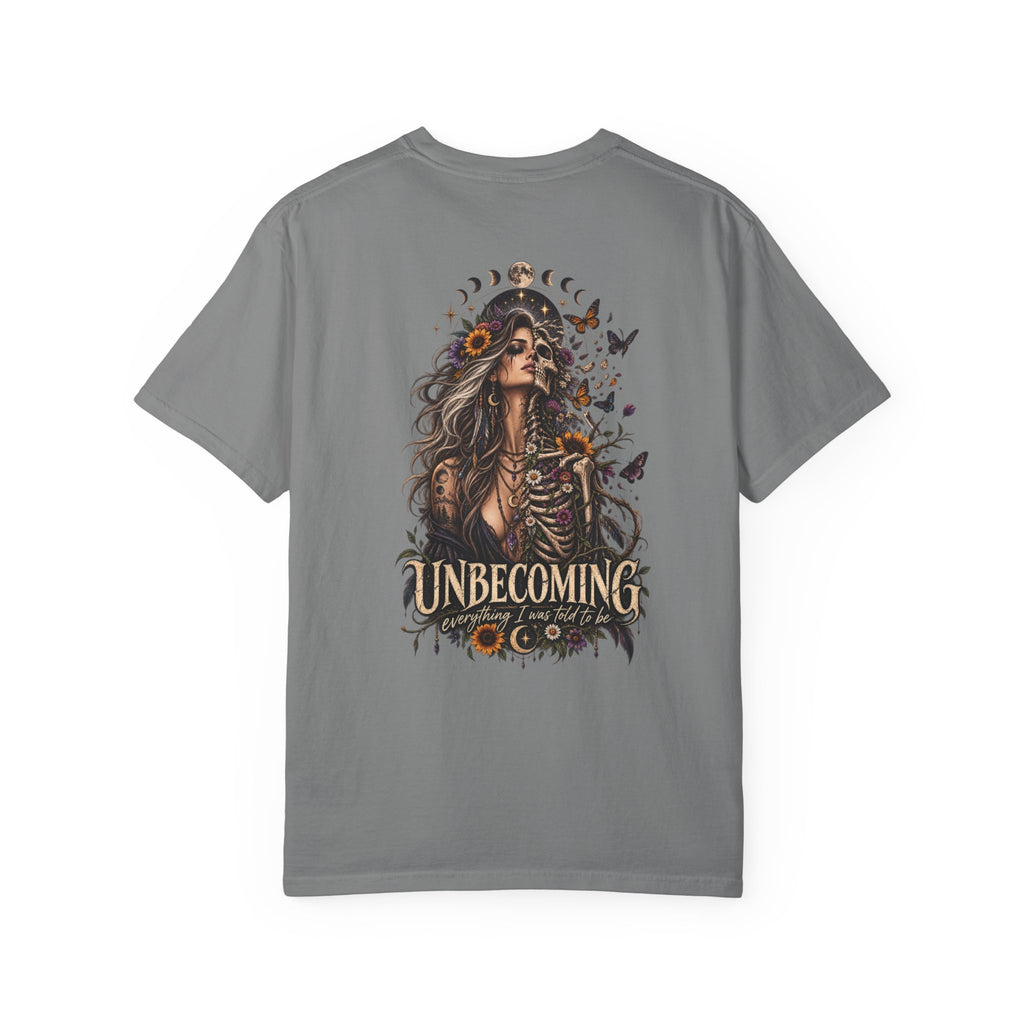 Unbecoming Gothic Moon T‑Shirt — Witchy Skeleton Art Tee