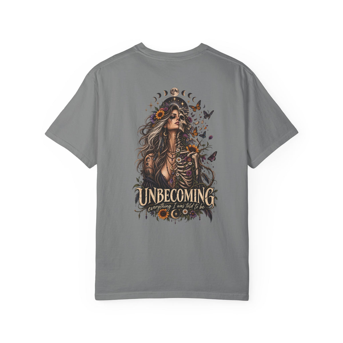 Unbecoming Gothic Moon T‑Shirt — Witchy Skeleton Art Tee