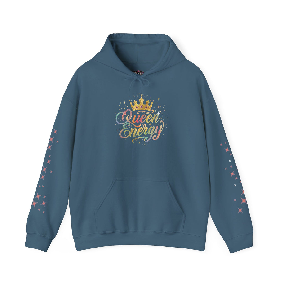 Queen Energy Hoodie — Feminine Crown Graphic Pullover with Star Sleeve Accents