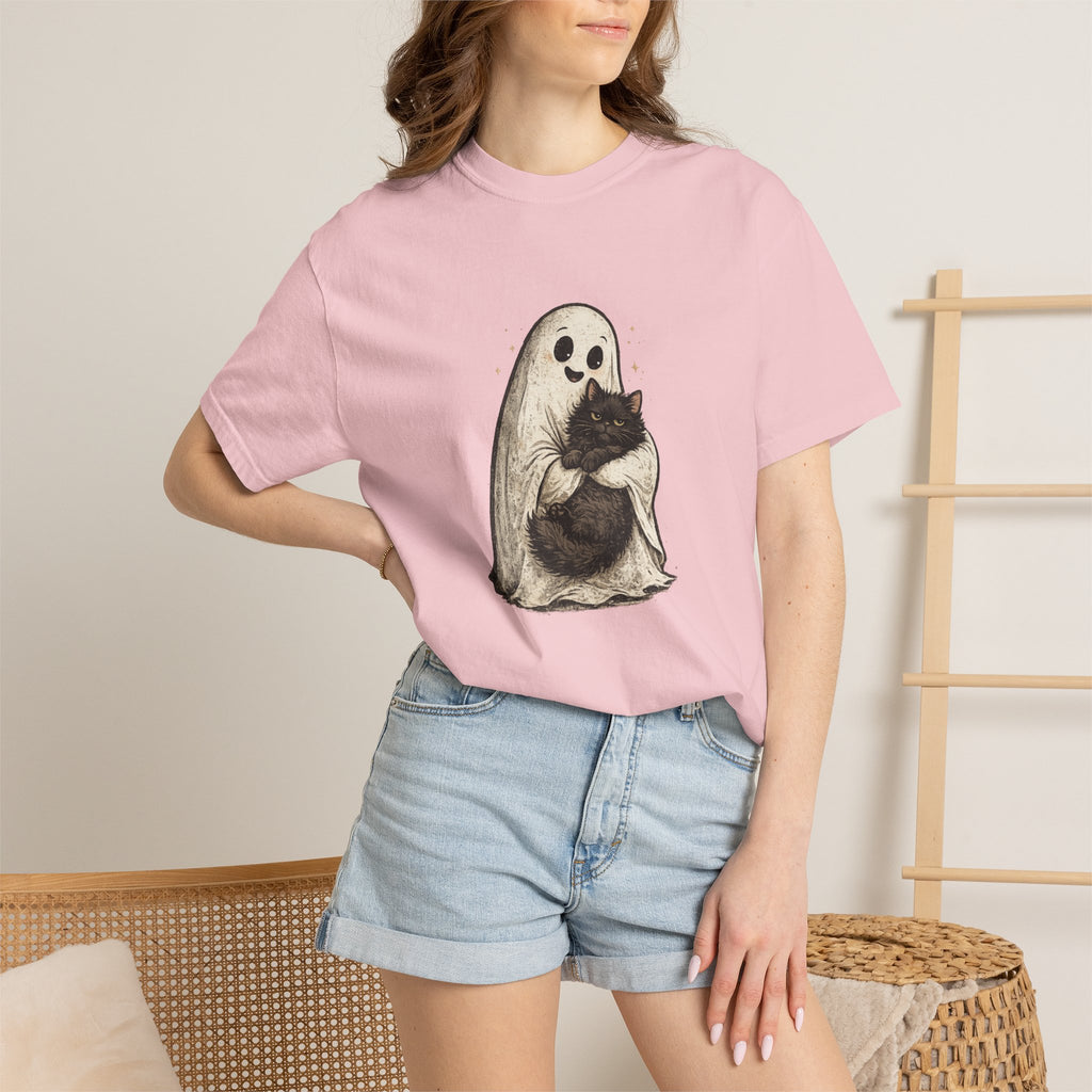 Boo & Meow Ghost Hugging Black Cat T-Shirt | Cute Spooky Tee
