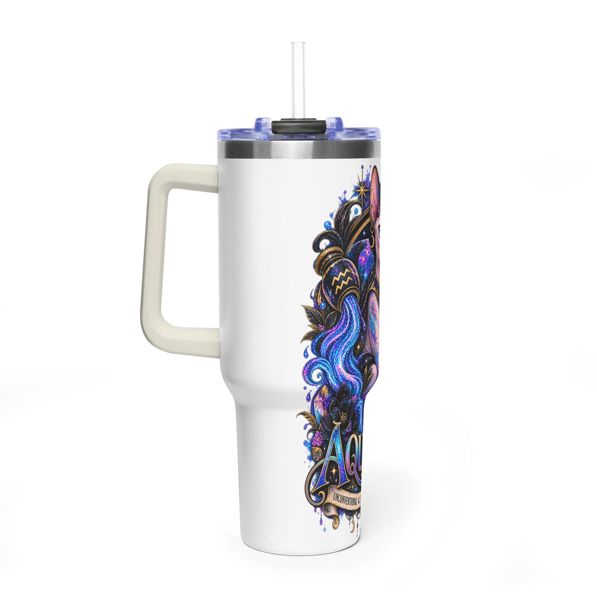 40oz Aquarius Zodiac Tumbler — Sphynx Cat Astrology Vacuum Thermal Cup