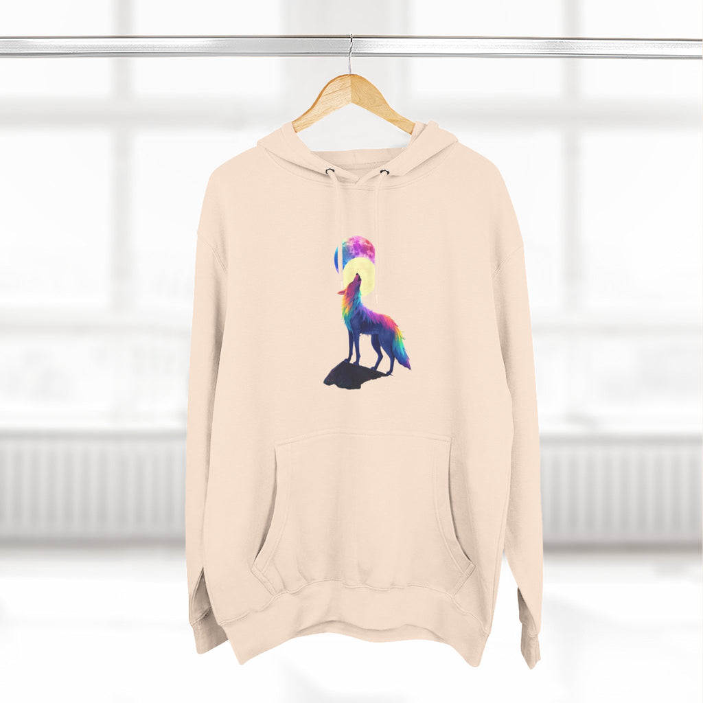 Rainbow Wolf Silhouette Hoodie | Colorful Moon Graphic