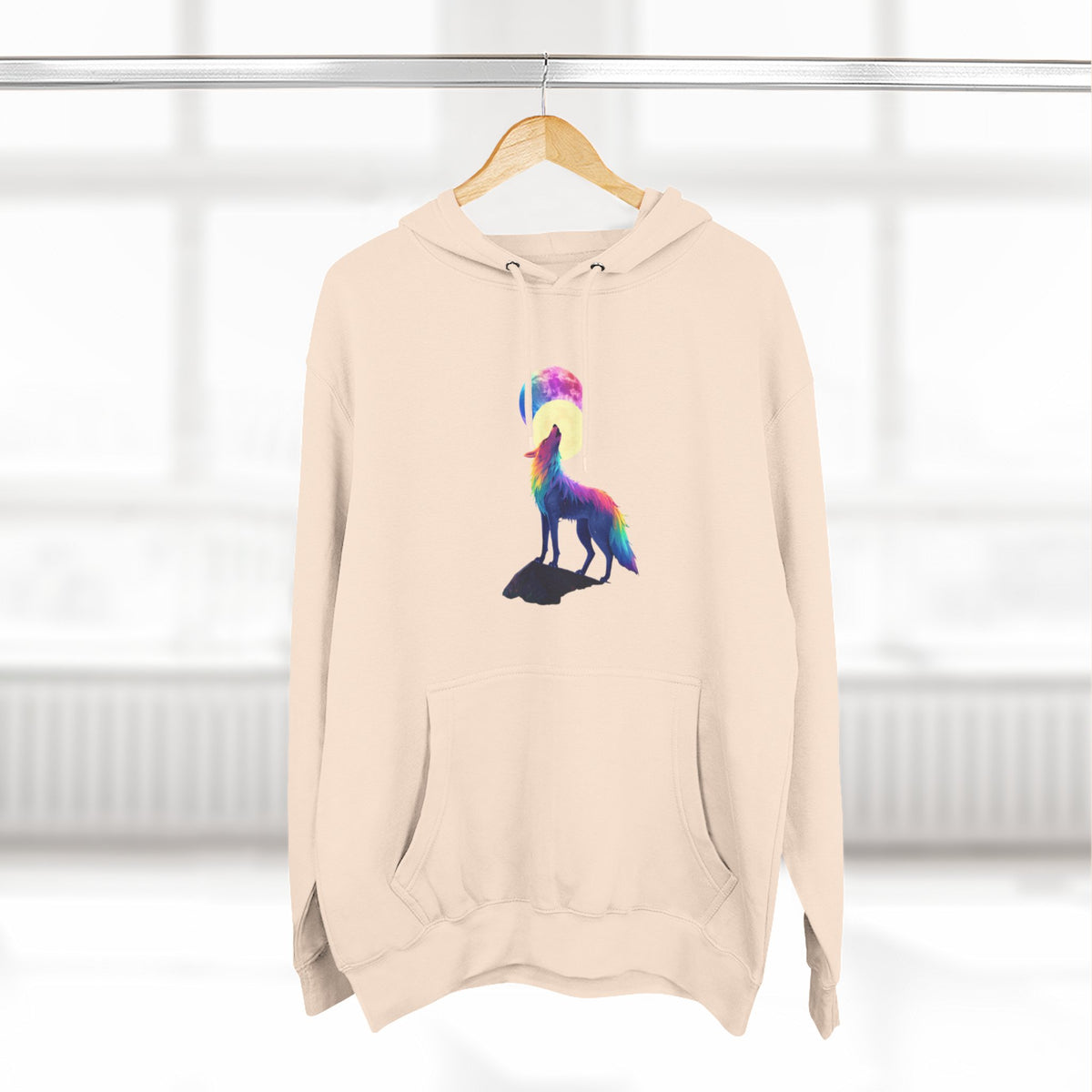 Rainbow Wolf Silhouette Hoodie | Colorful Moon Graphic