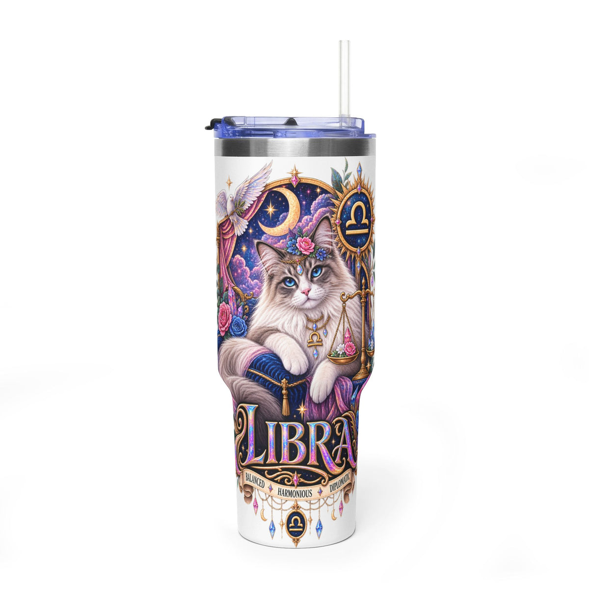 Libra Persian Cat 40oz Vacuum Tumbler — Zodiac Thermal Travel Mug