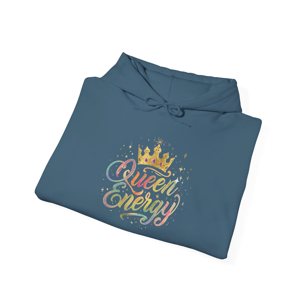 Queen Energy Hoodie — Feminine Crown Graphic Pullover with Star Sleeve Accents