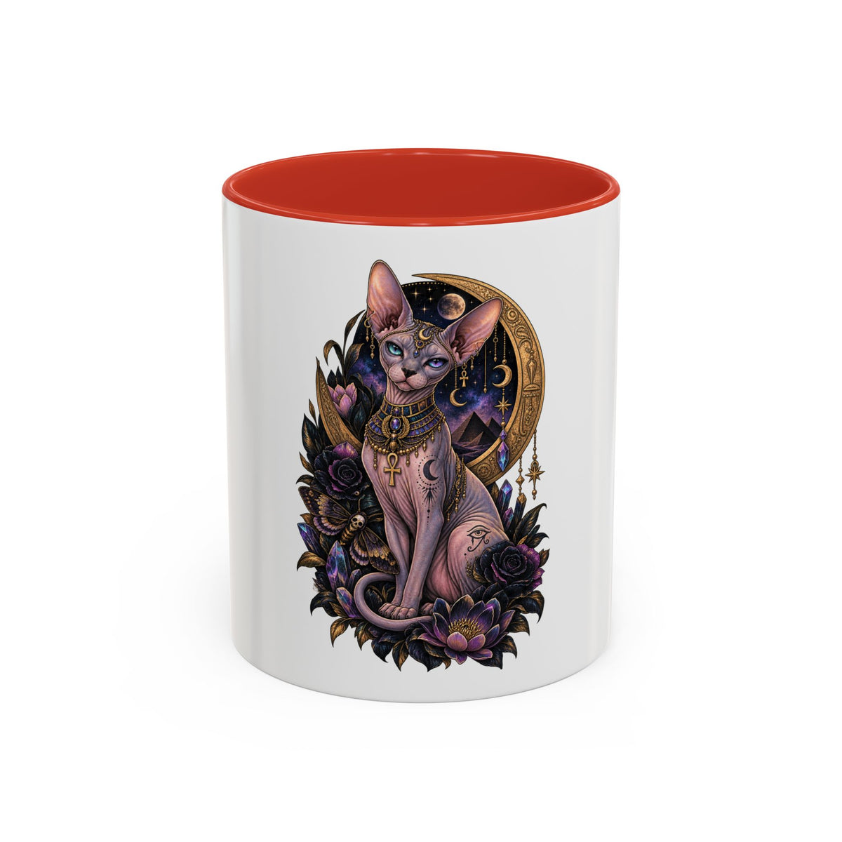 Mystic Sphynx Cat Coffee Mug — Magical Moon & Floral Accent (11/15 oz)