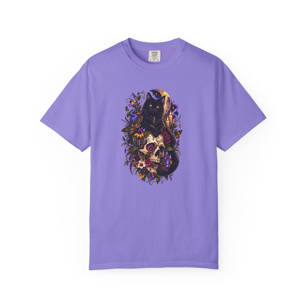Skull & Black Cat Gothic T-Shirt — Dark Floral Day of the Dead Style