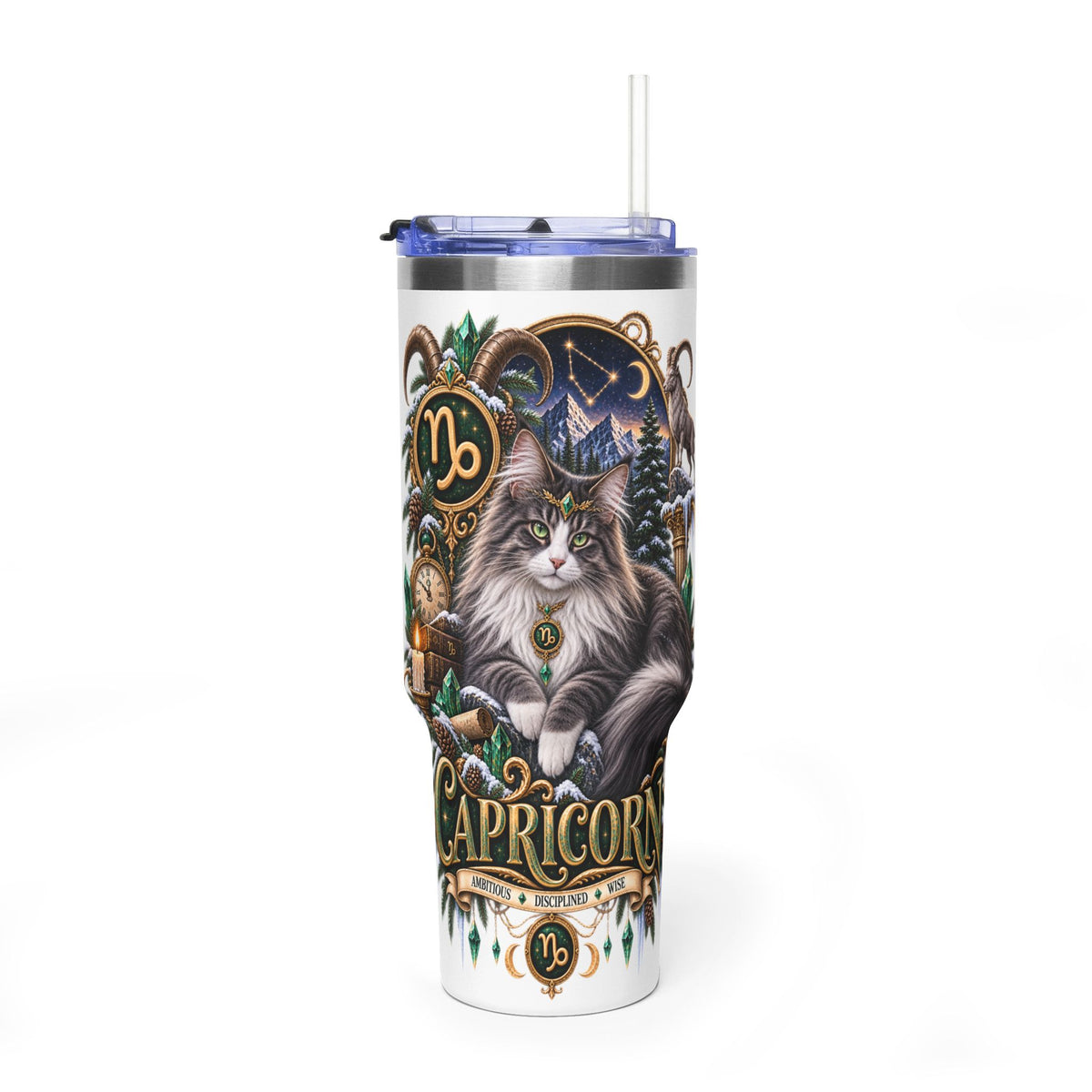 Capricorn Norwegian Forest Cat 40oz Vacuum Tumbler — Zodiac Travel Mug with Handle