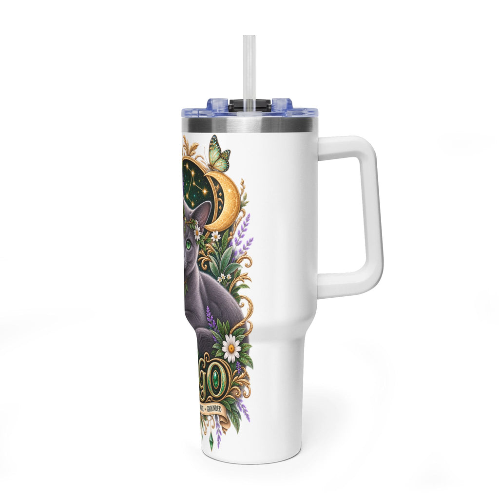 Virgo Cat 40oz Thermal Tumbler — Russian Blue Zodiac Astrology Travel Mug