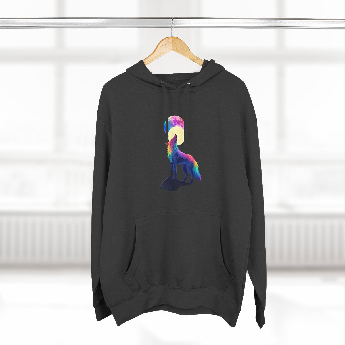 Rainbow Wolf Silhouette Hoodie | Colorful Moon Graphic