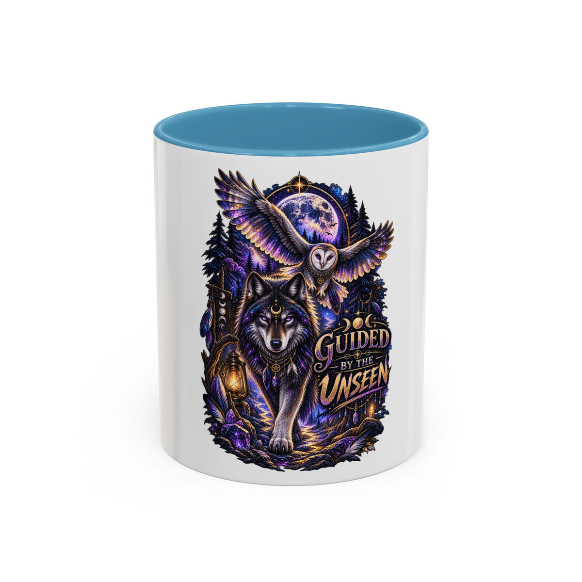 Guided by the Unseen Coffee Mug — Wolf & Owl Spirit Animal Accent Mug (11/15oz)