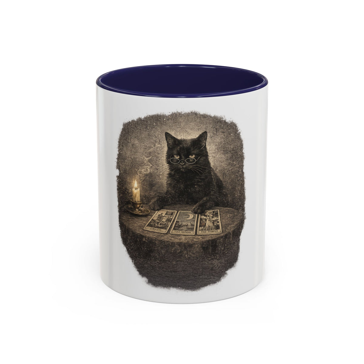 Tarot Cat Accent Coffee Mug — Witchy Black Cat with Tarot Cards
