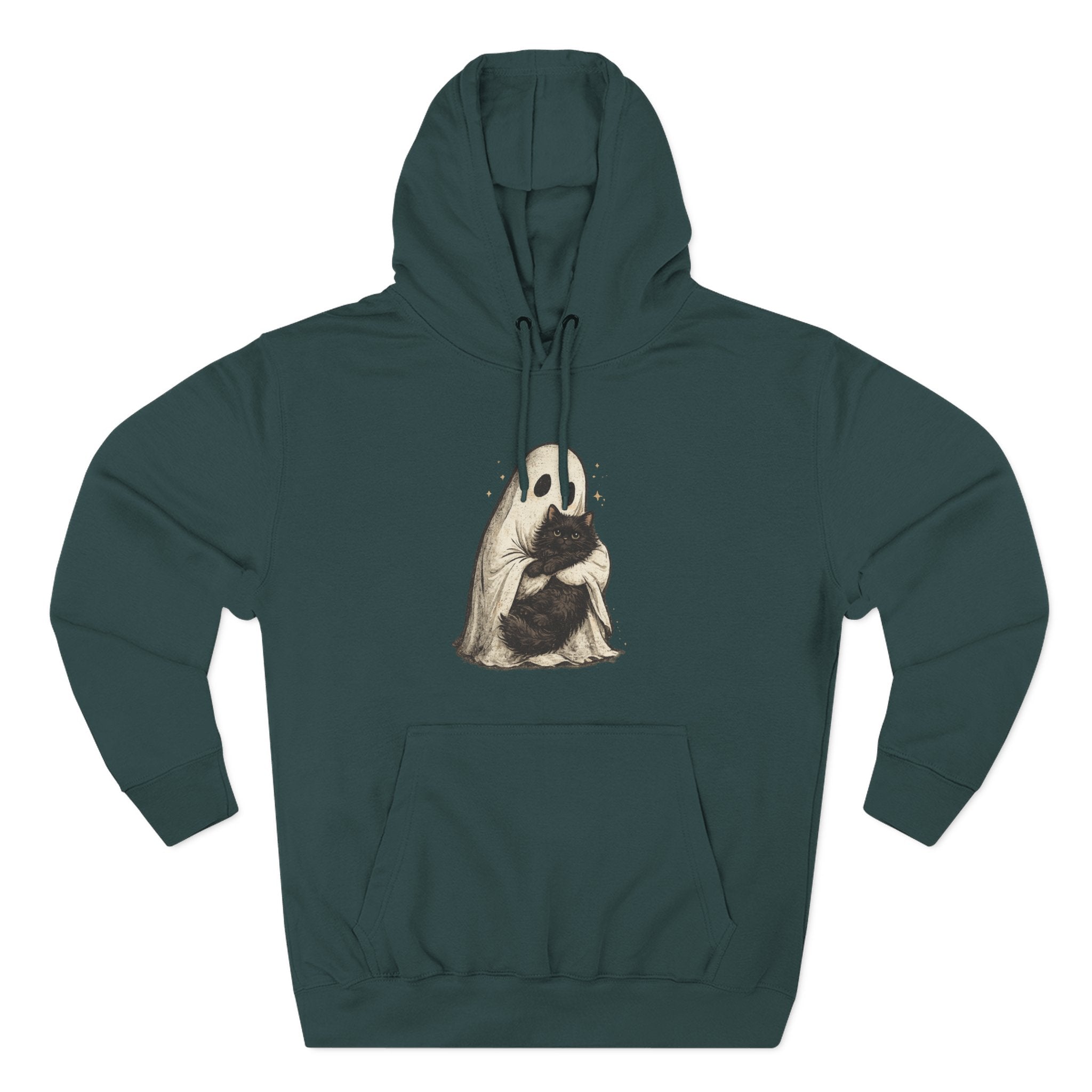 Ghost Hugging Black Cat Fleece Hoodie — Cute Ghost Hugging Black Cat Cozy Pullover